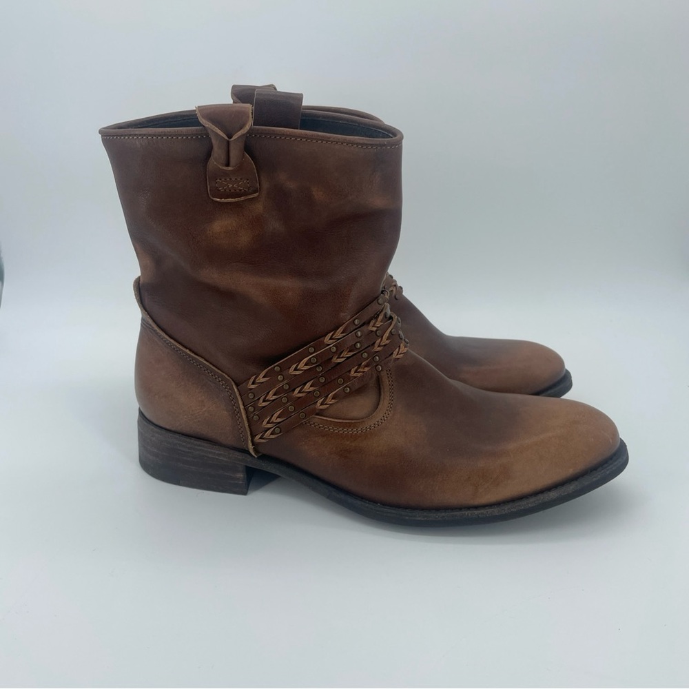 n.d.c. Hand made Brown Leather Ankle Booties with Braided Strap Detail